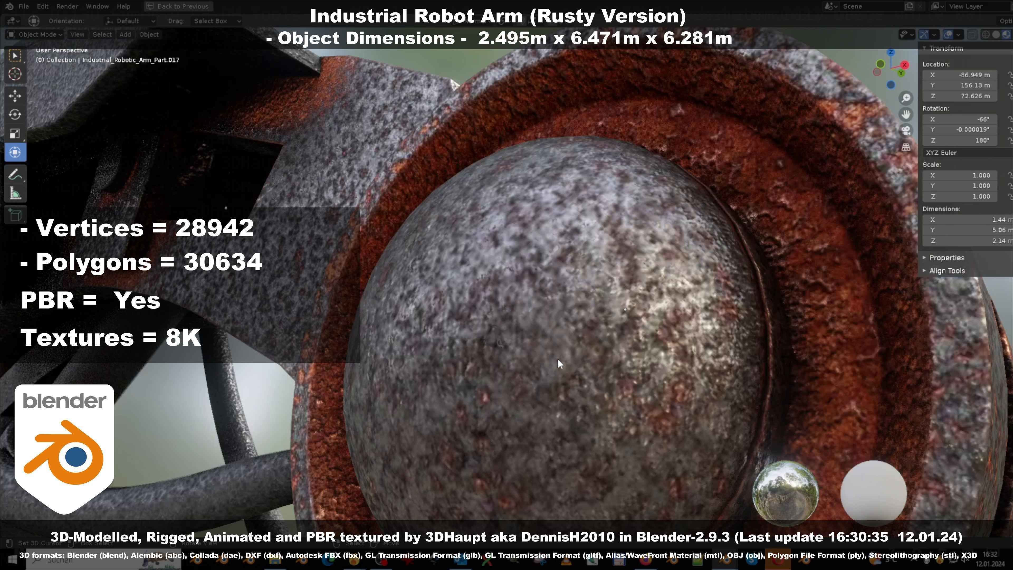 Rigged Industrial Robot Arm Rusty Version Low-poly 3D model_61