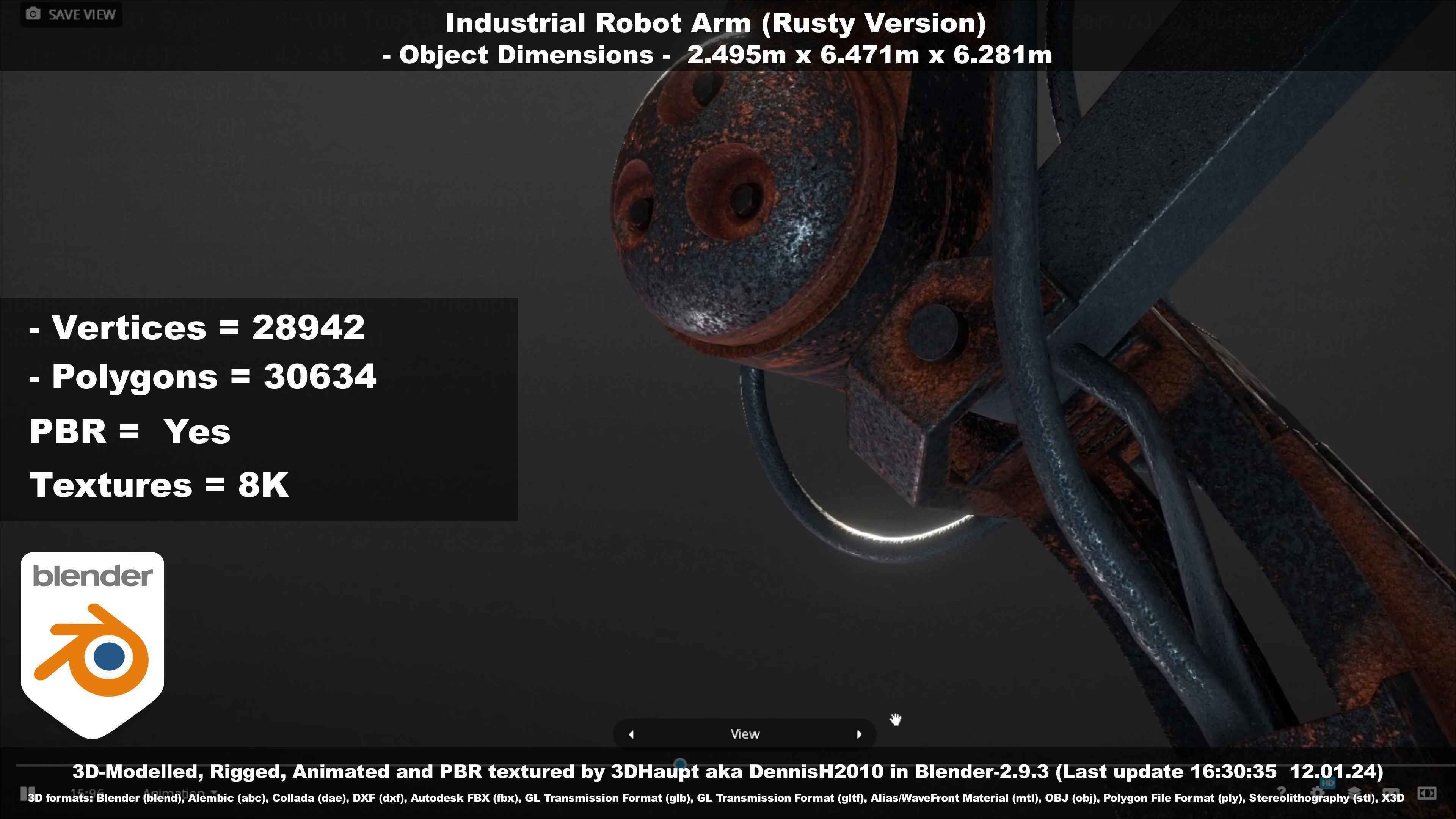 Rigged Industrial Robot Arm Rusty Version Low-poly 3D model_28