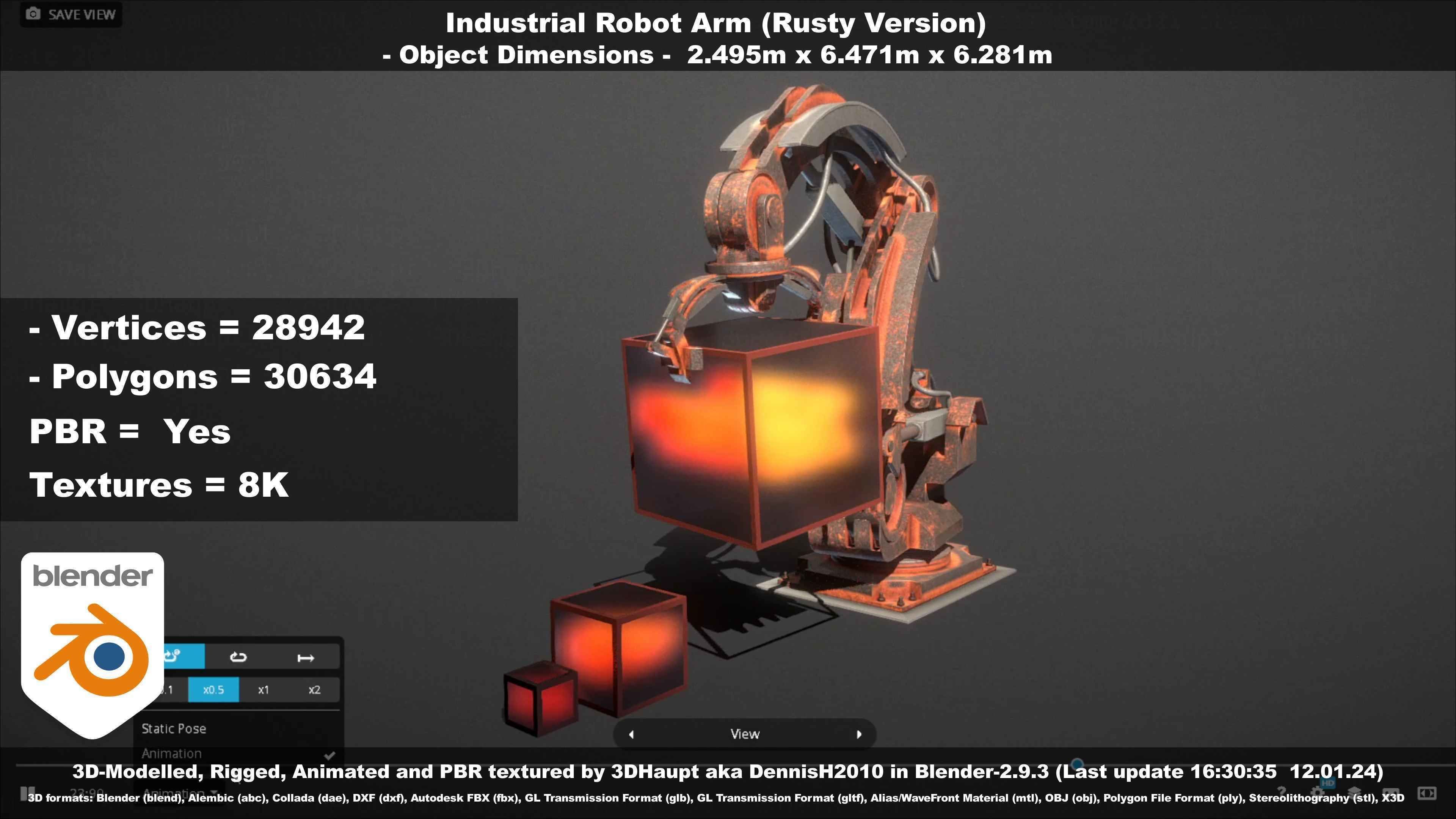 Rigged Industrial Robot Arm Rusty Version Low-poly 3D model_34