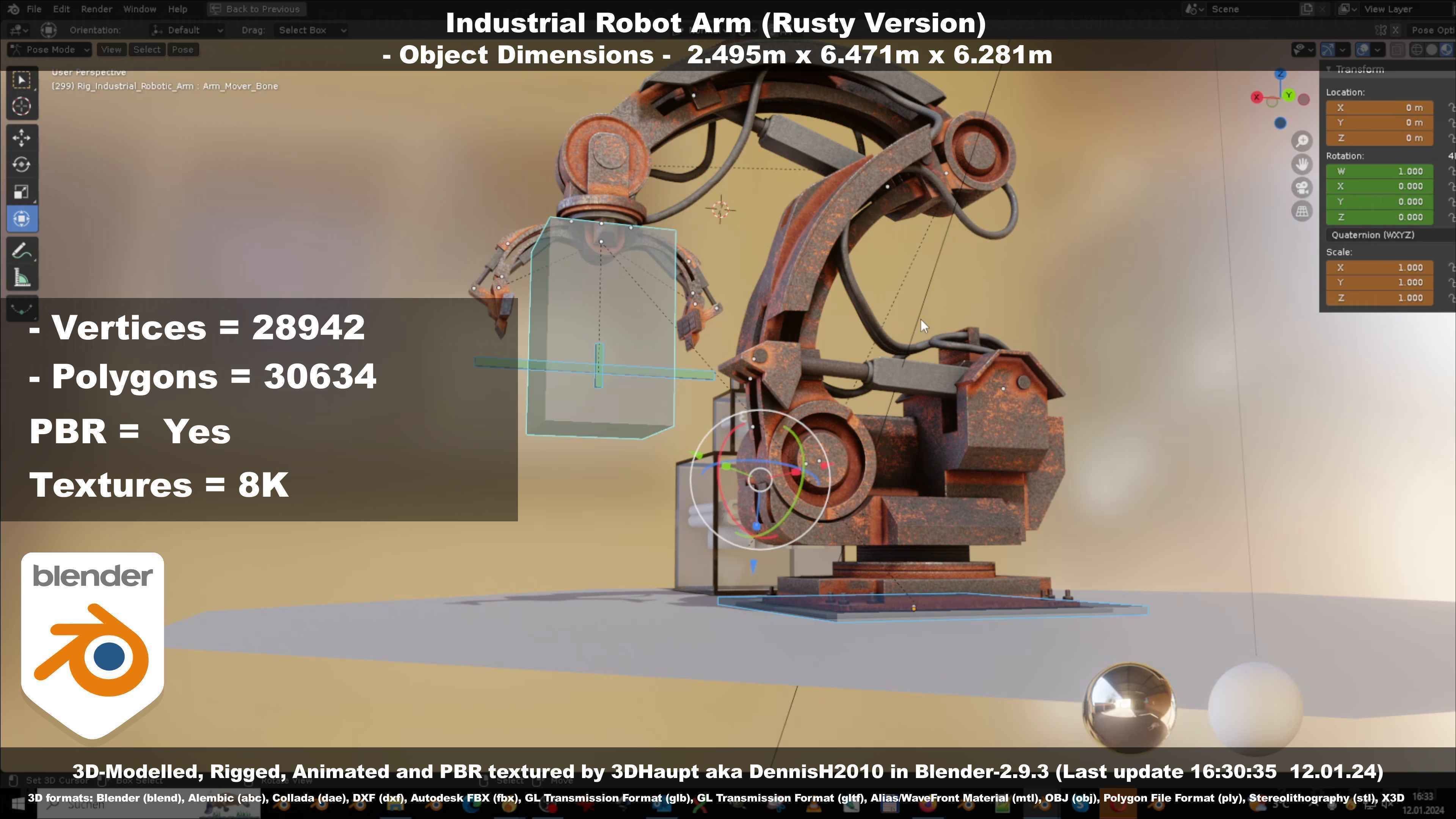 Rigged Industrial Robot Arm Rusty Version Low-poly 3D model_75