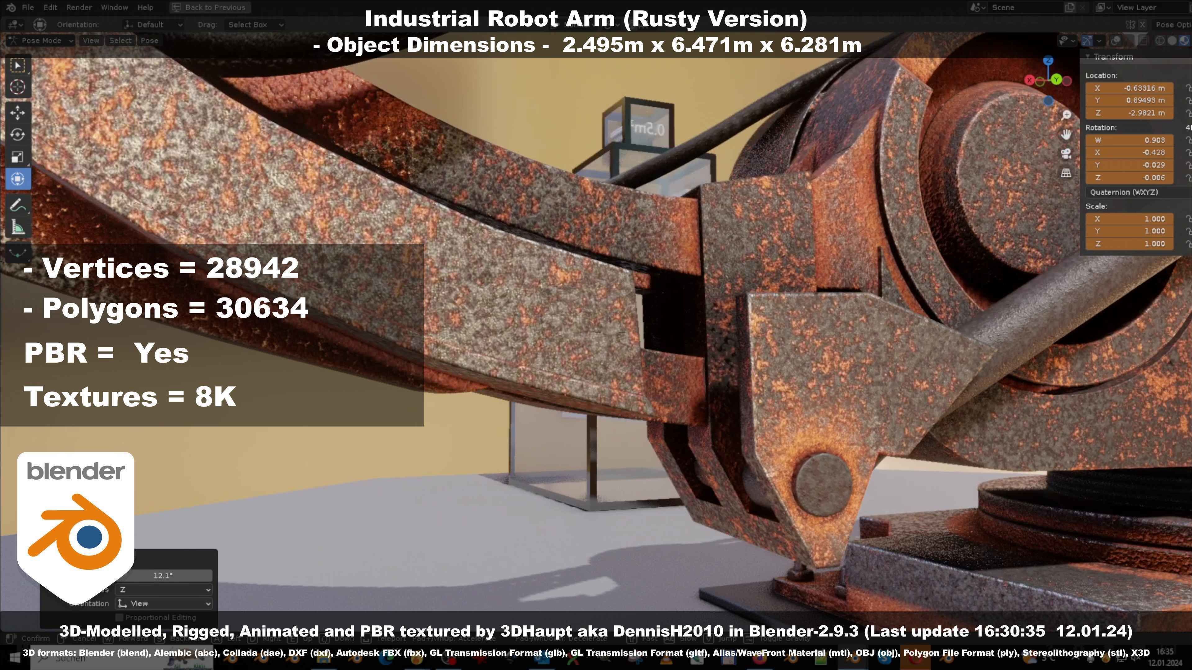 Rigged Industrial Robot Arm Rusty Version Low-poly 3D model_96
