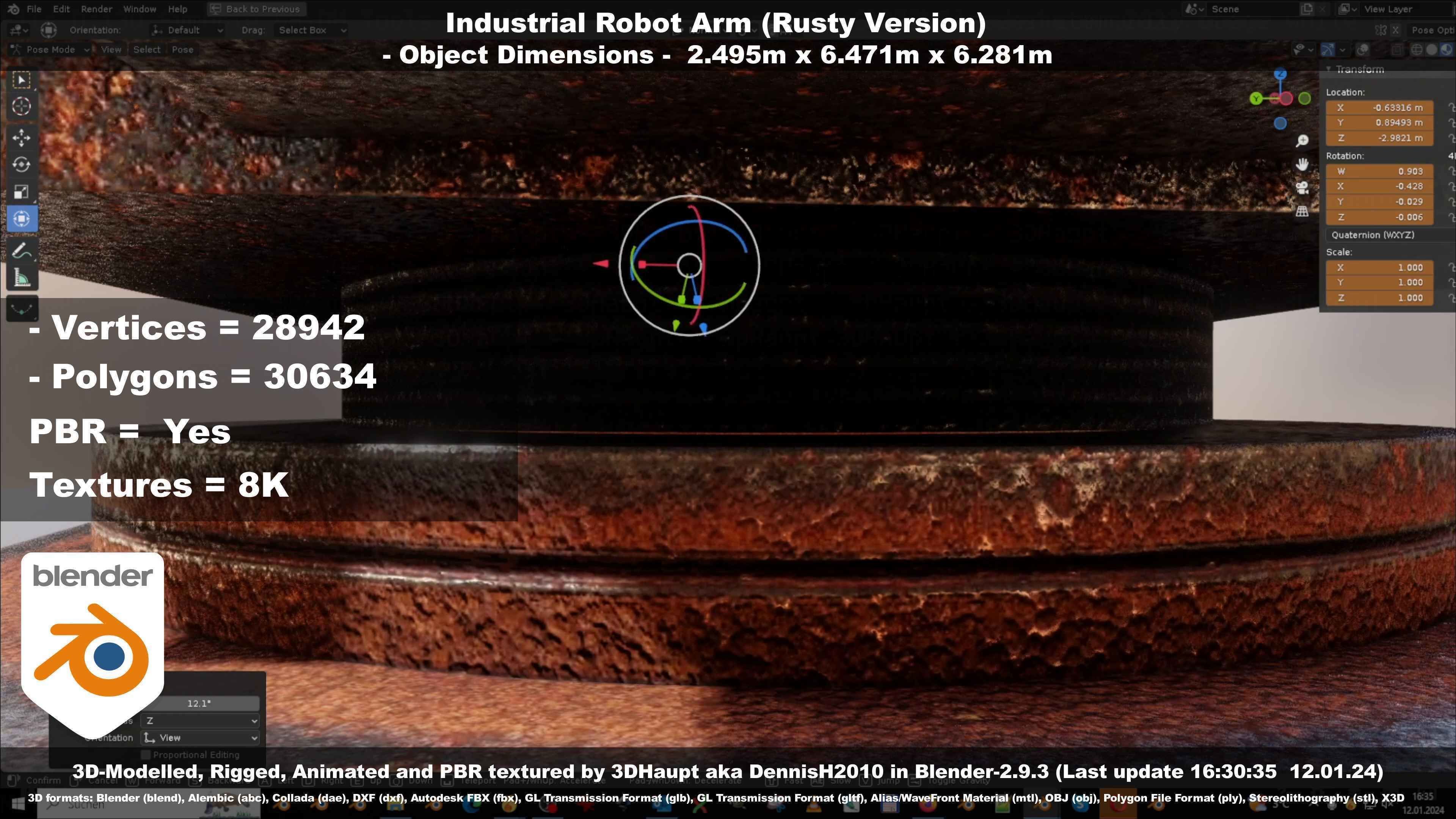 Rigged Industrial Robot Arm Rusty Version Low-poly 3D model_101