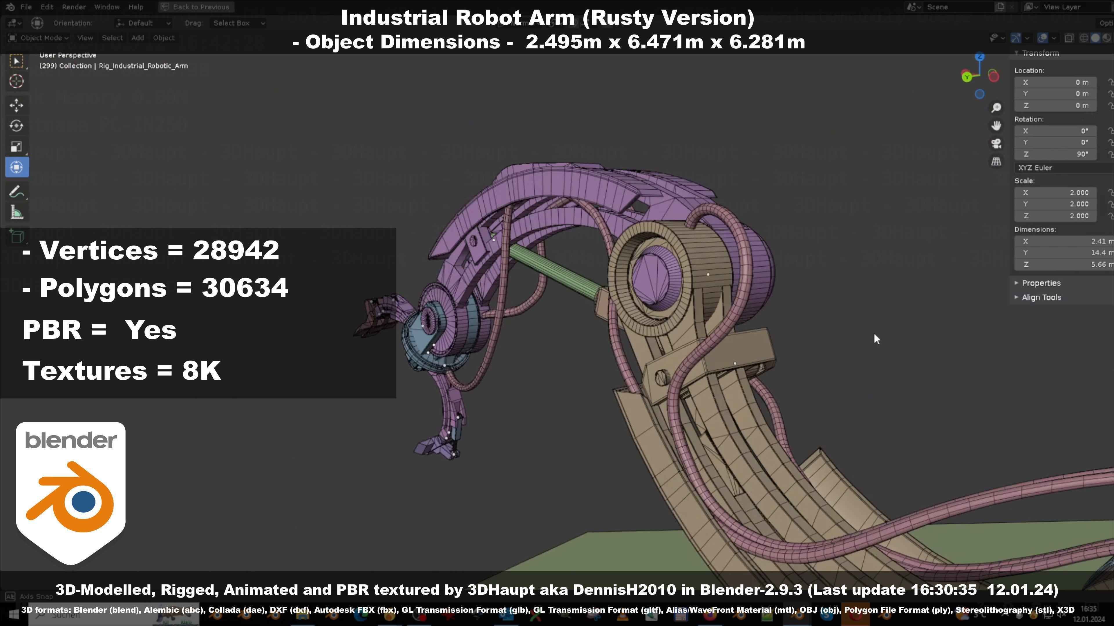 Rigged Industrial Robot Arm Rusty Version Low-poly 3D model_115