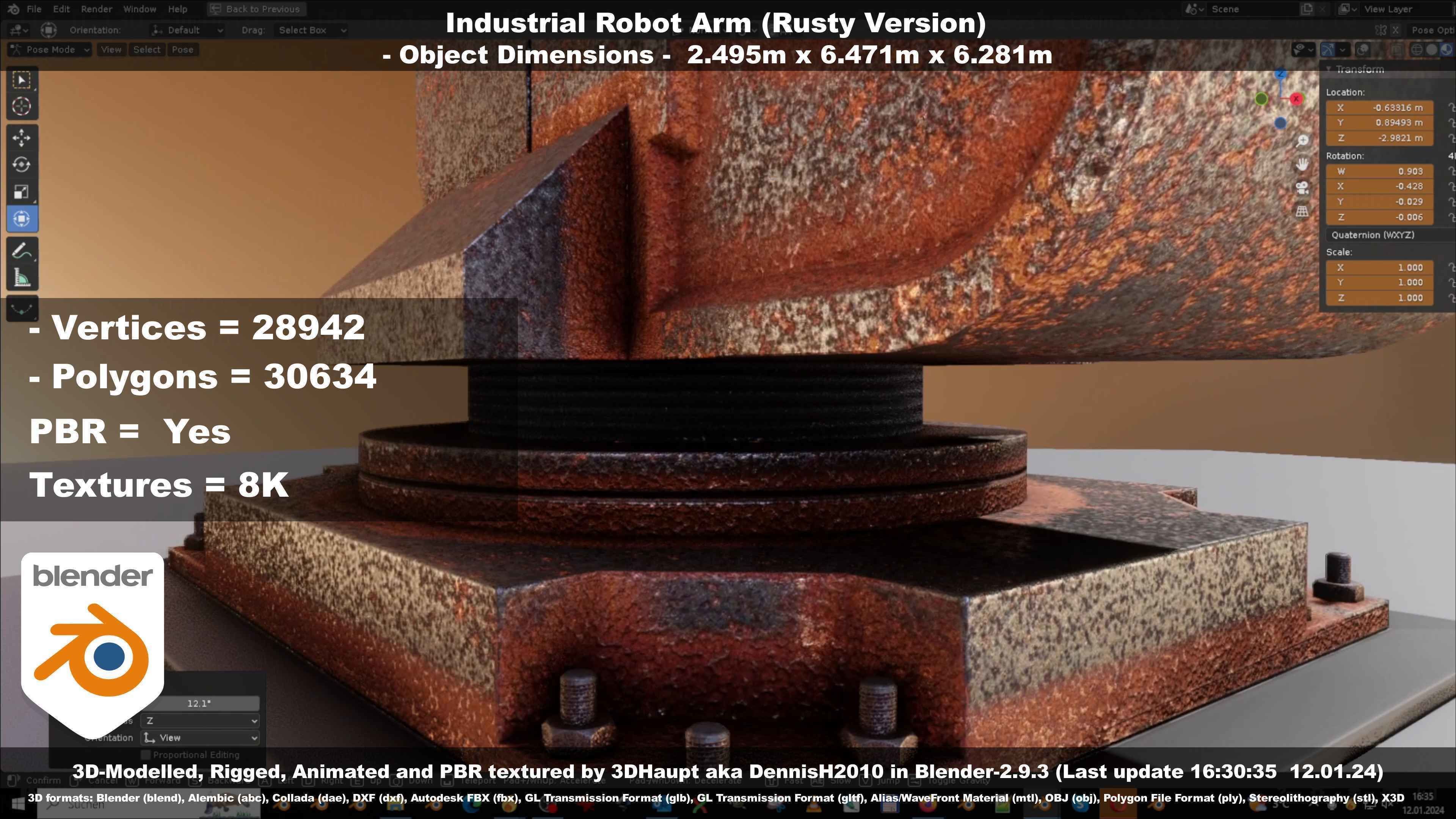 Rigged Industrial Robot Arm Rusty Version Low-poly 3D model_98