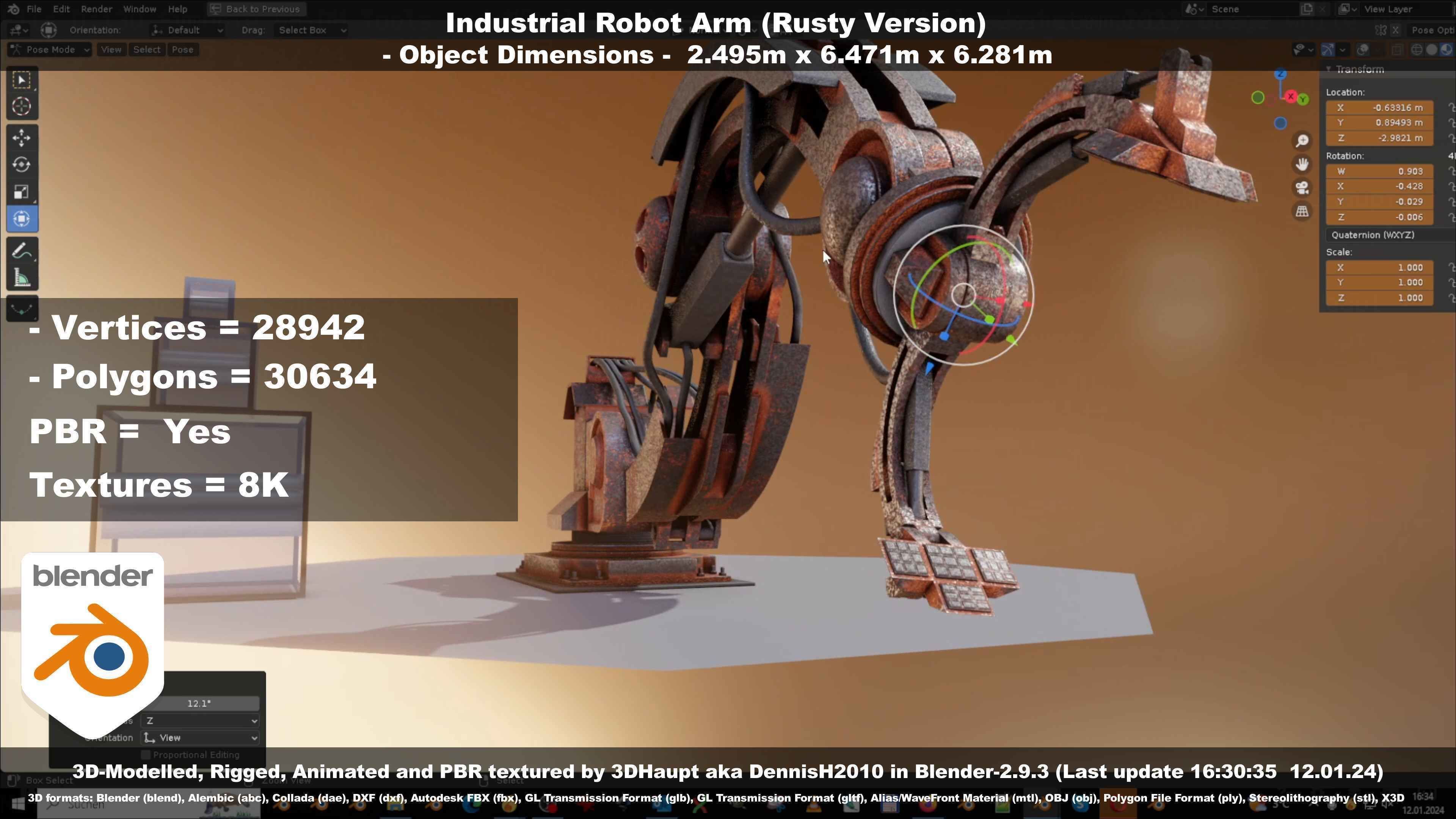Rigged Industrial Robot Arm Rusty Version Low-poly 3D model_89