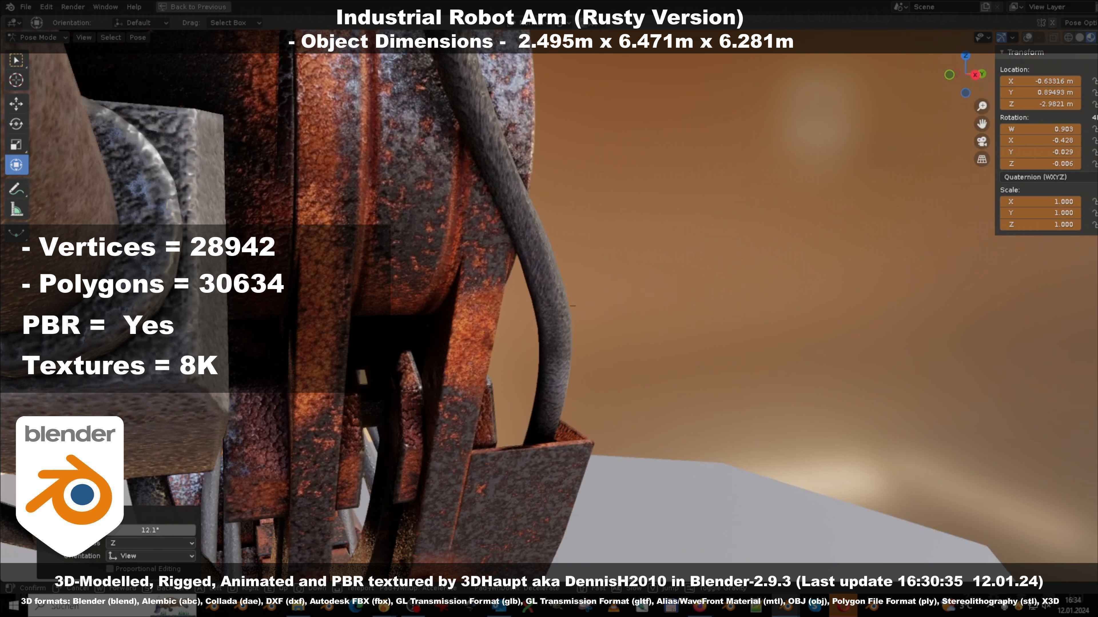 Rigged Industrial Robot Arm Rusty Version Low-poly 3D model_92