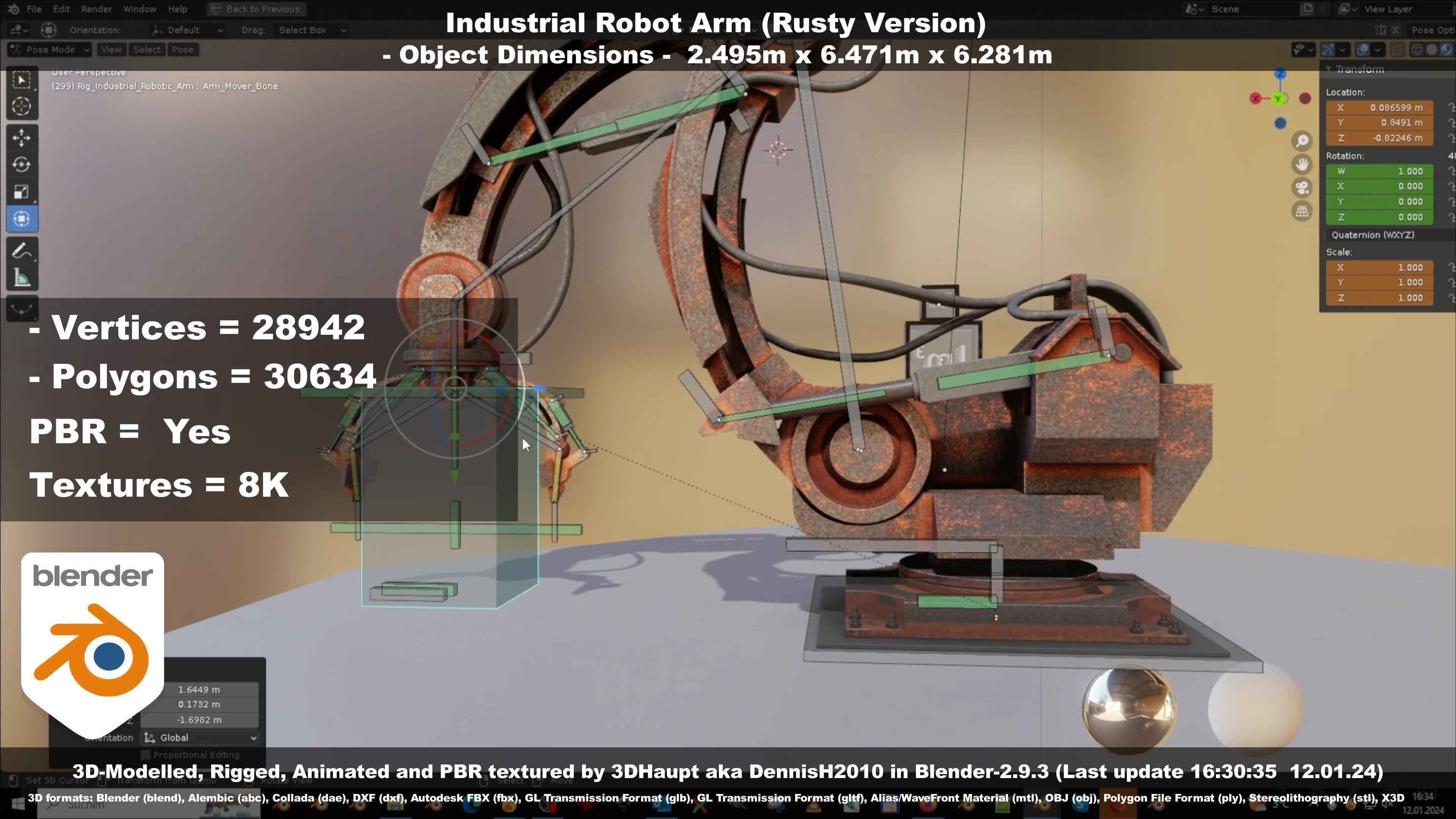 Rigged Industrial Robot Arm Rusty Version Low-poly 3D model_83