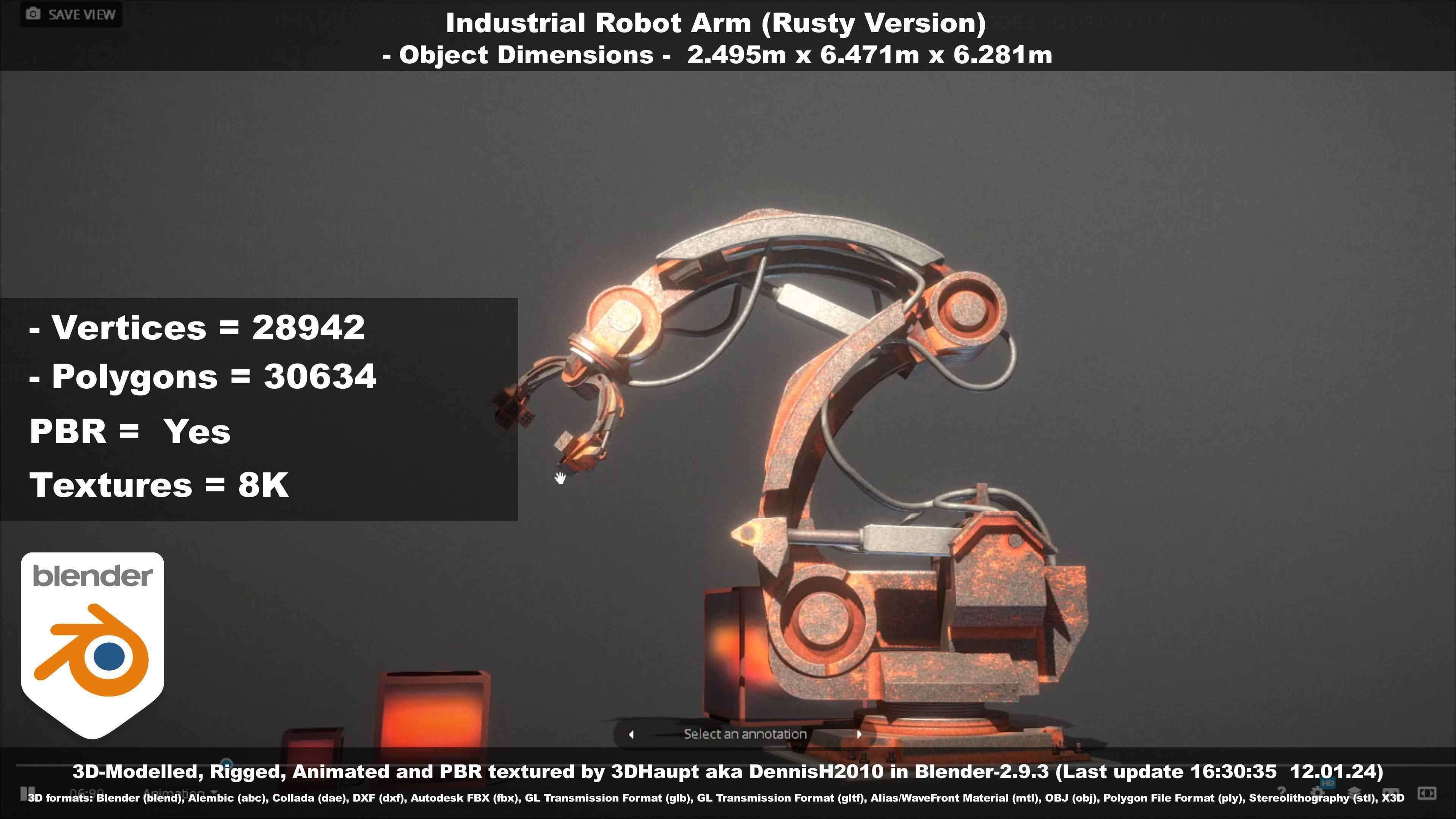 Rigged Industrial Robot Arm Rusty Version Low-poly 3D model_77