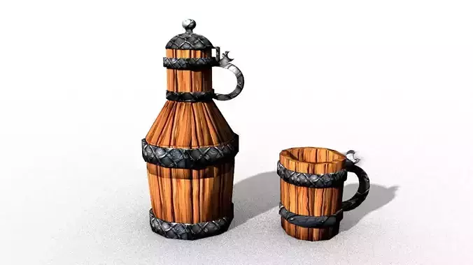 medieval cartoon pitcher and mug for tavern 3D model
