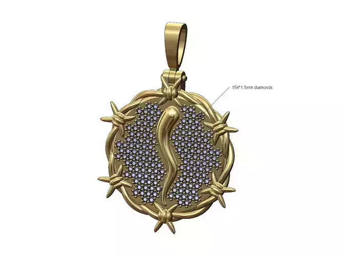 Diamond iced italian horn barbwire thornes pendant with bail 3D print model
