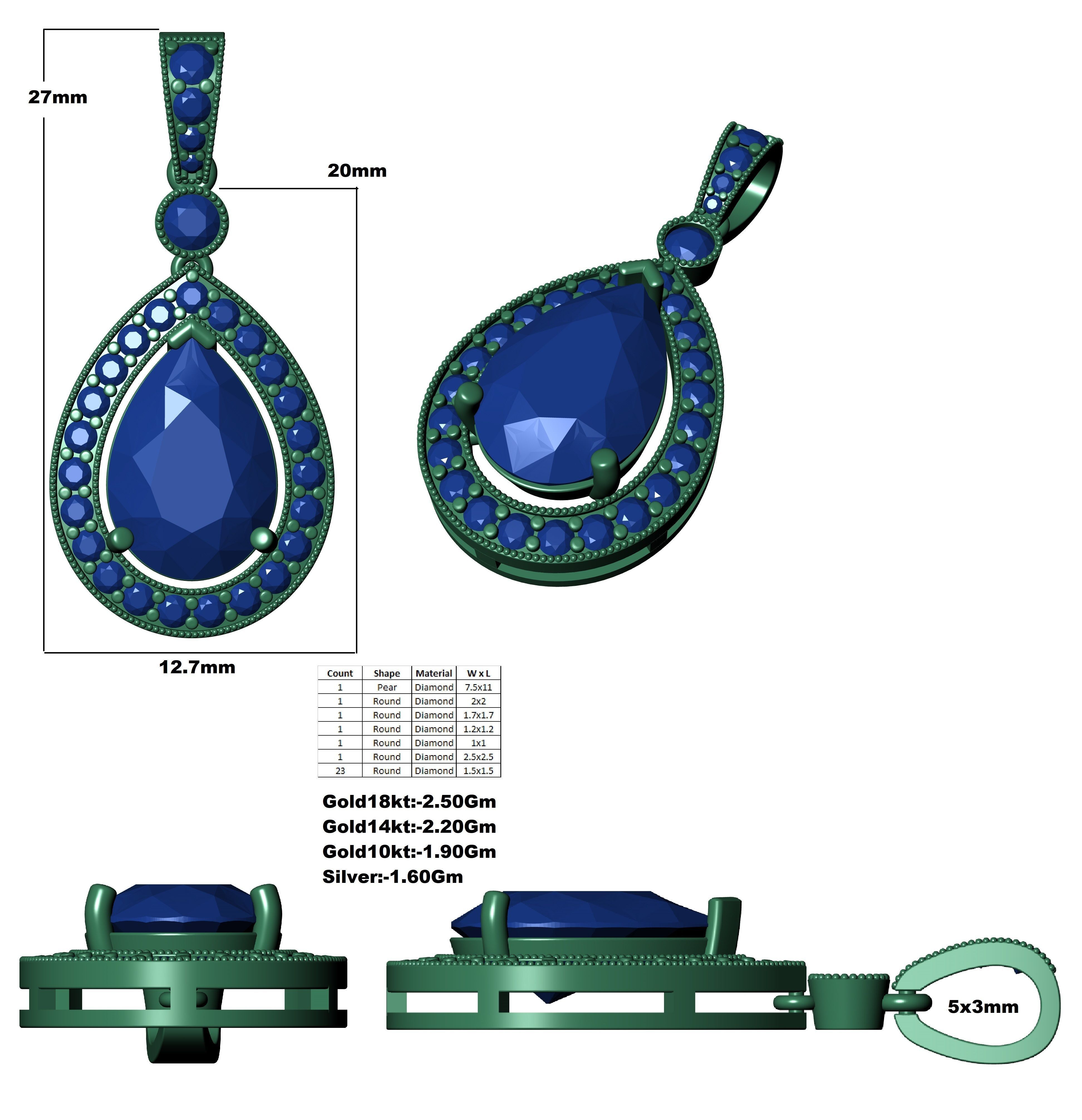 Pear Stone Round Diamond Halo Pendant 3D print model_16