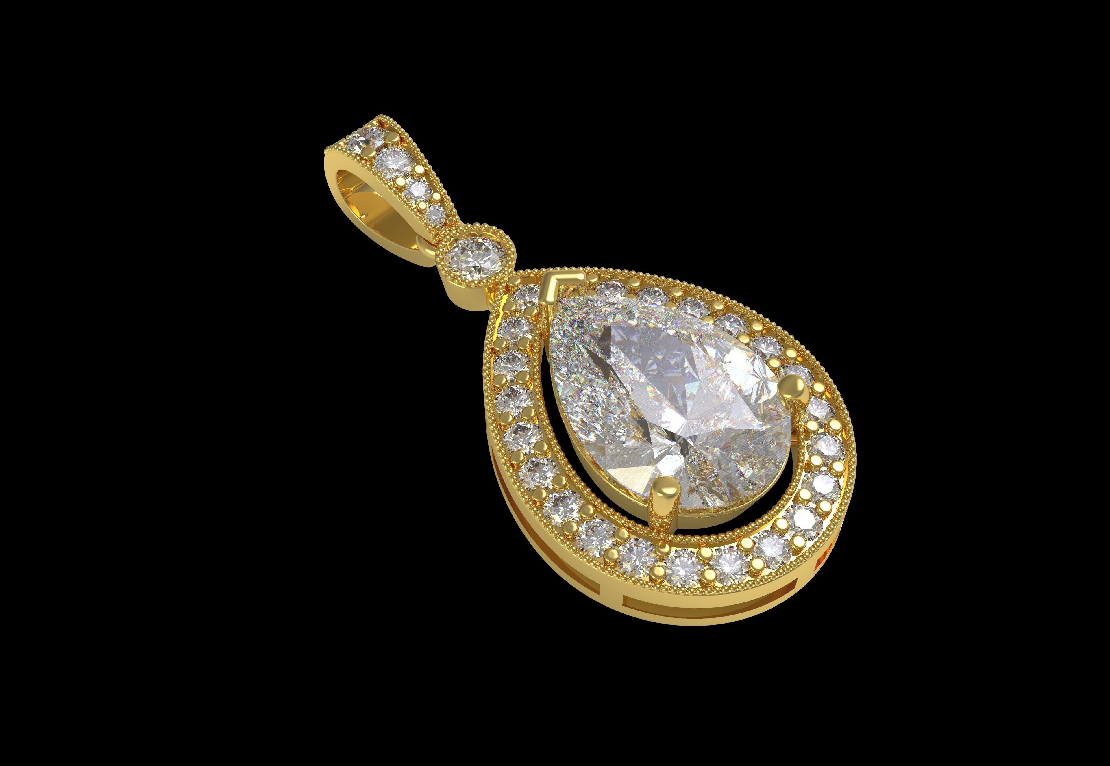 Pear Stone Round Diamond Halo Pendant 3D print model_14