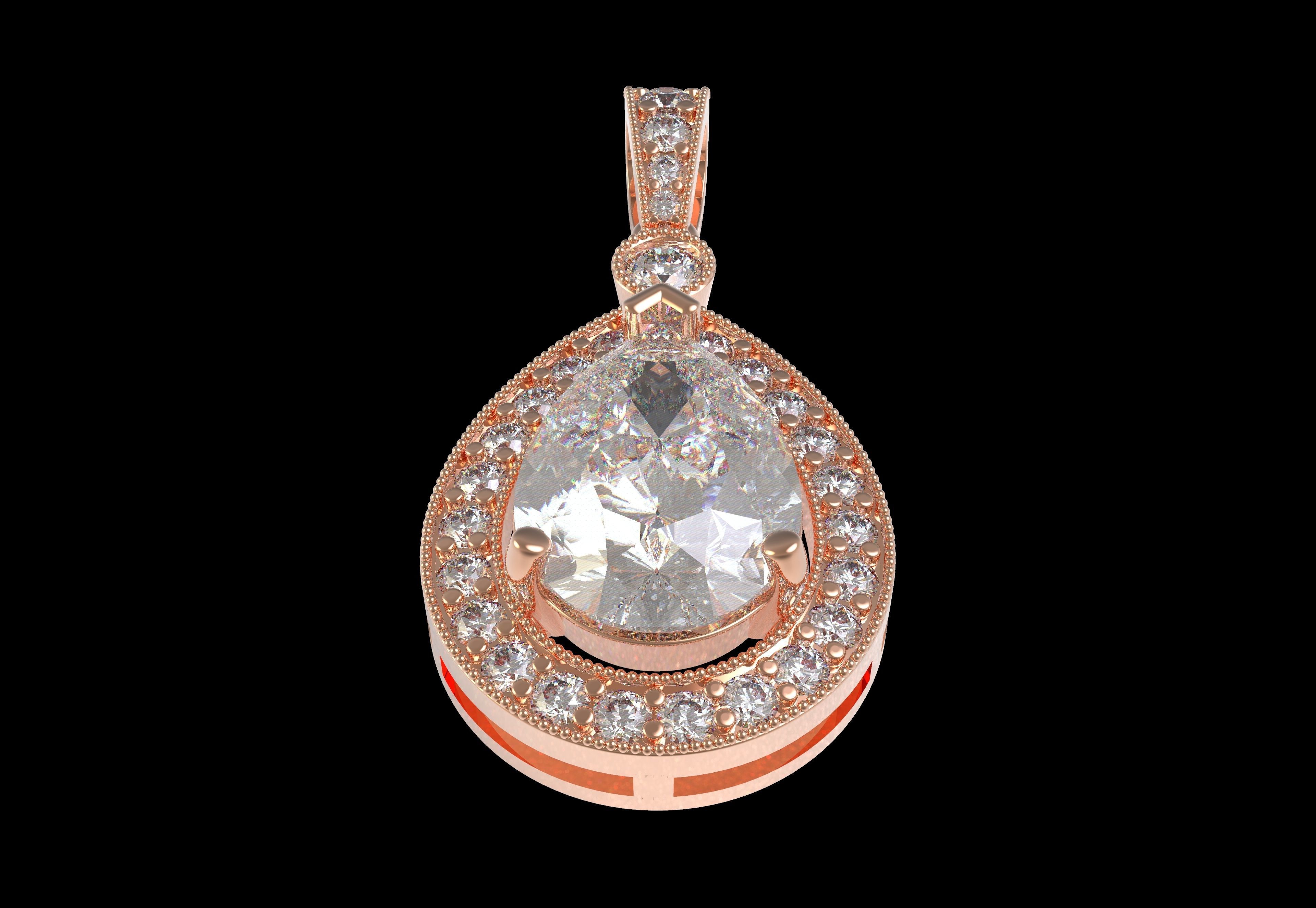 Pear Stone Round Diamond Halo Pendant 3D print model_9