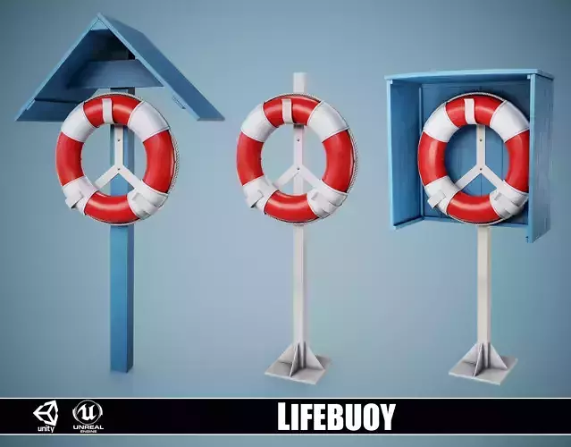 Set of 3 Lifebuoy On Holders Low-poly 3D model