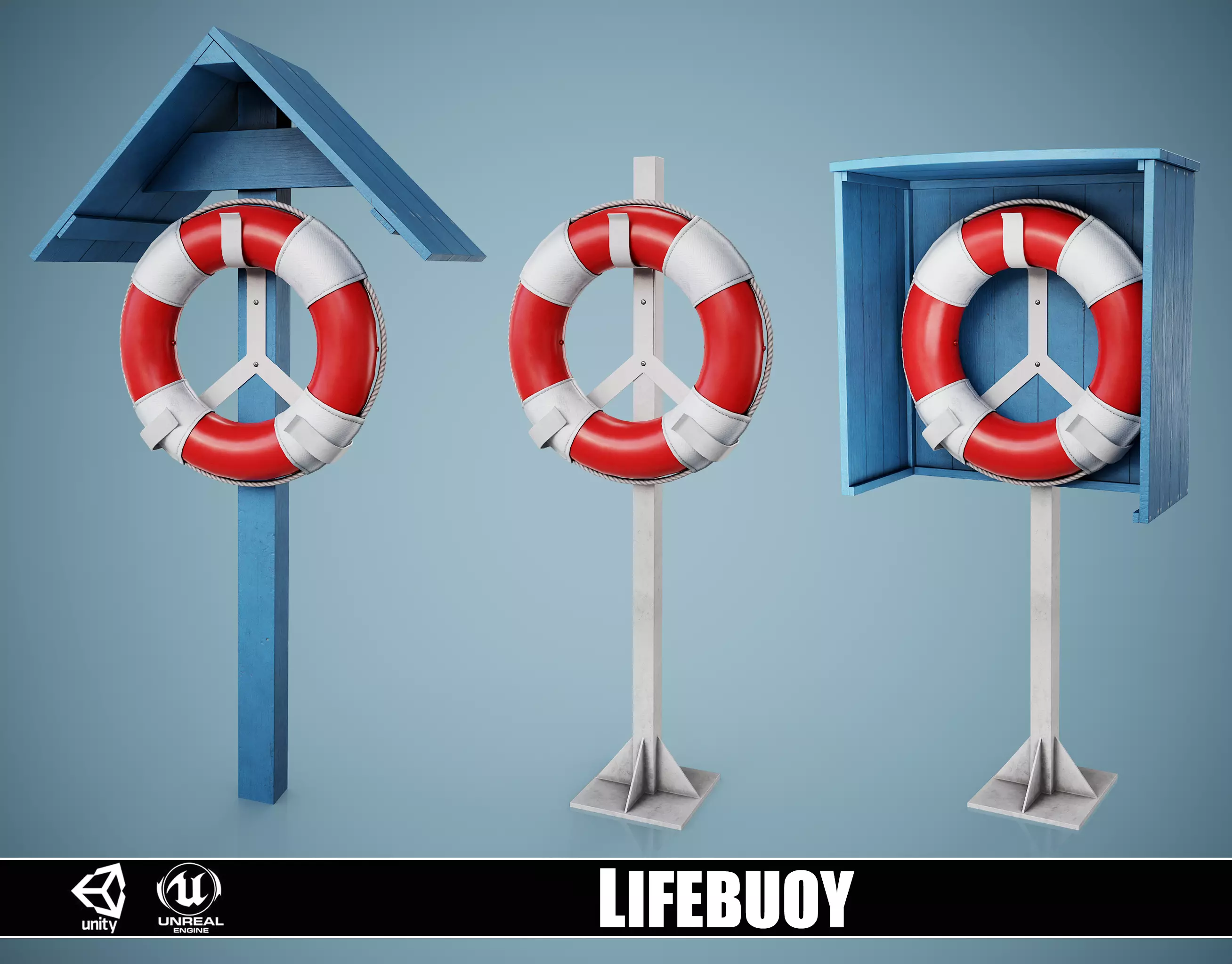 Set of 3 Lifebuoy On Holders Low-poly 3D model
