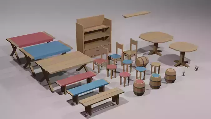 Medieval Tavern Interior Asset Low-Poly Low-poly 3D model