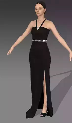 dress black matte look dress v neckline belt metalic look