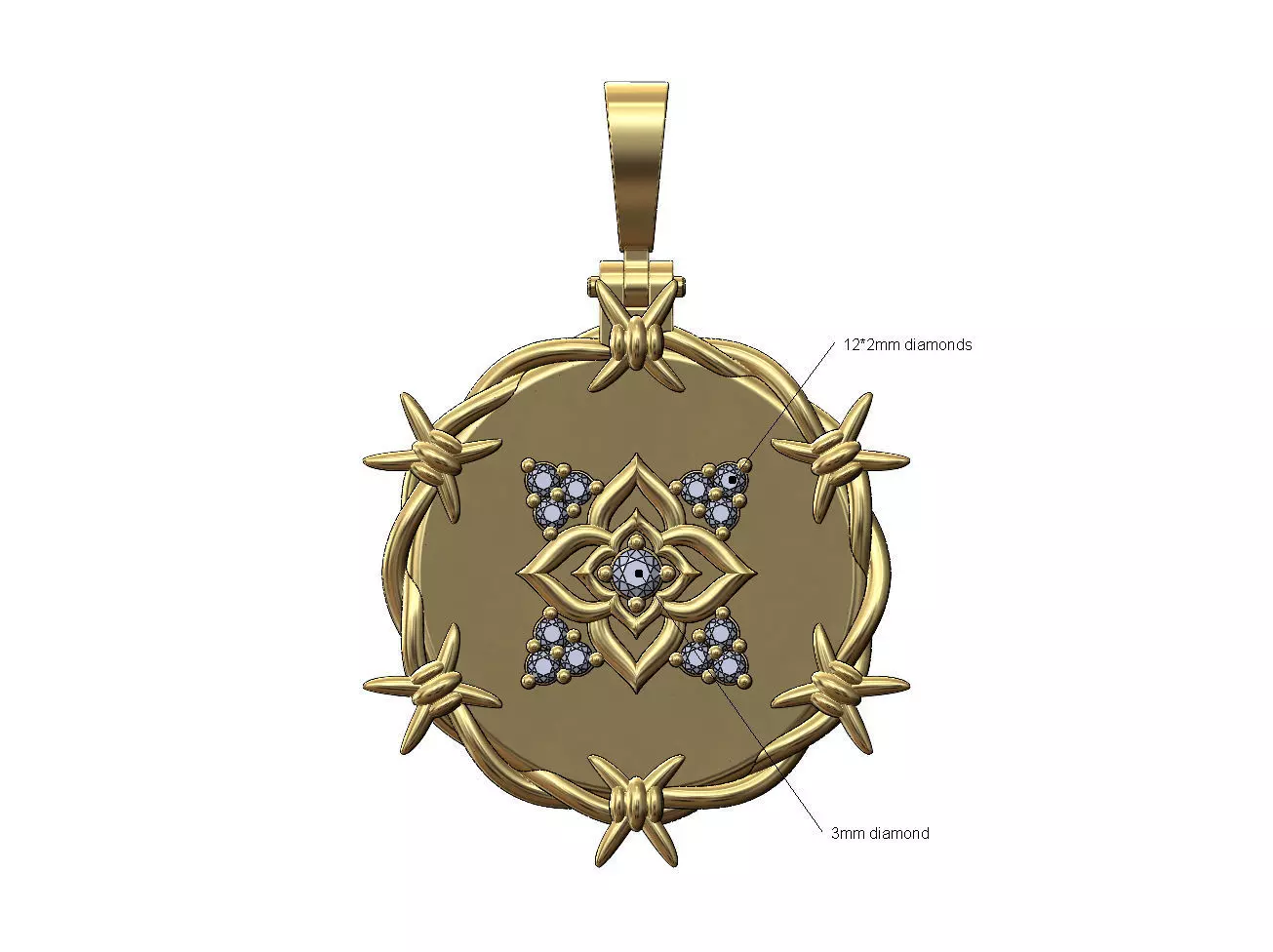 Diamond oriental flower barbwire thornes pendant with bail 3D print model