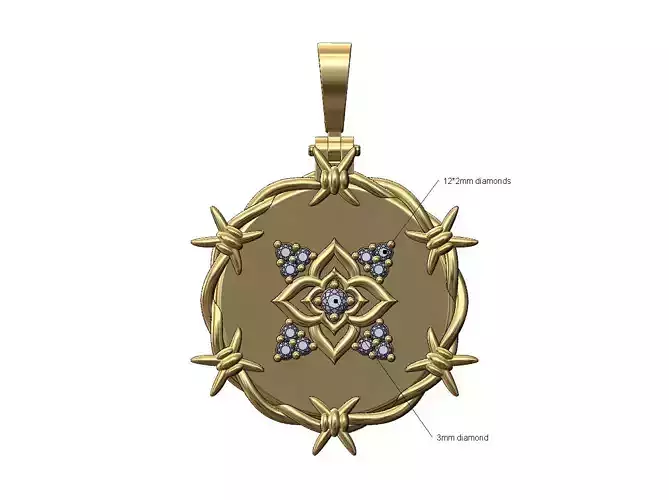 Diamond oriental flower barbwire thornes pendant with bail 3D print model