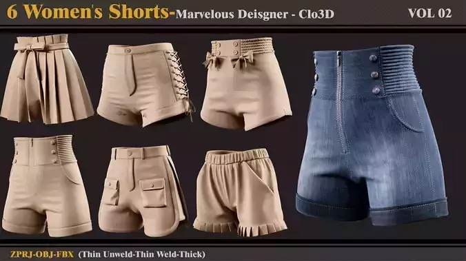 6 Women Shorts-MD-Clo3D-ZPRJ - FBX - OBJ 3D model