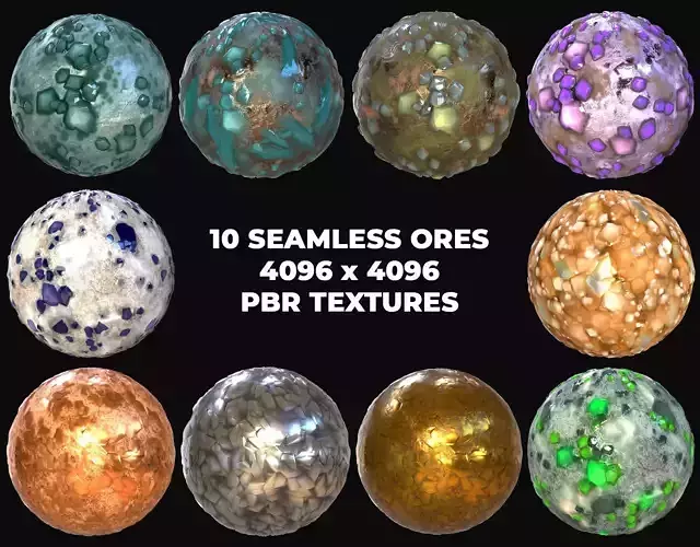 10 Seamless Stylized Minerals and Ores PBR Materials - Set 2 -