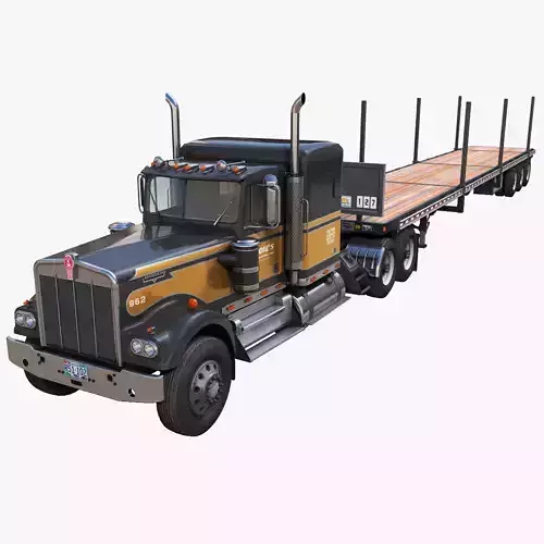 Kenworth W900A flatbed semitruck Low-poly 3D model