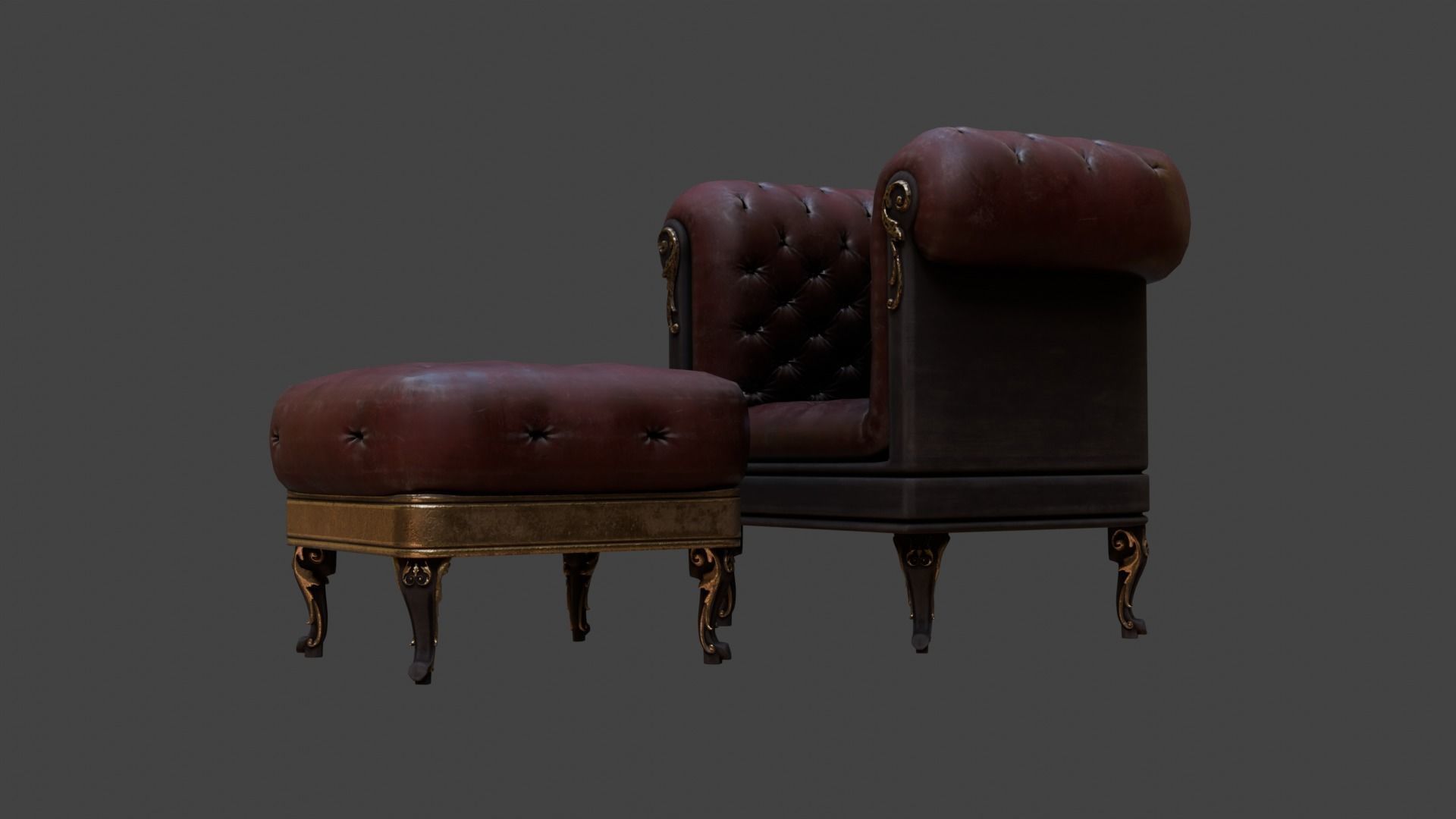 Sofa Armchair Couch  small and foot rest Vintage Low-poly 3D model_2