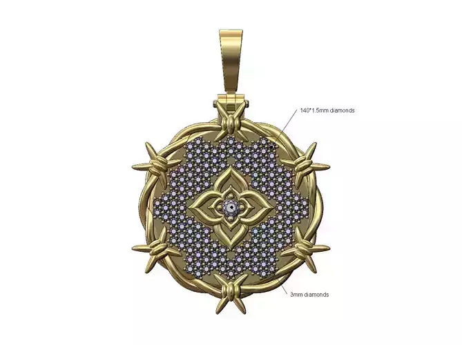 Iced diamond oriental flower barbwire thornes pendant  3D print model