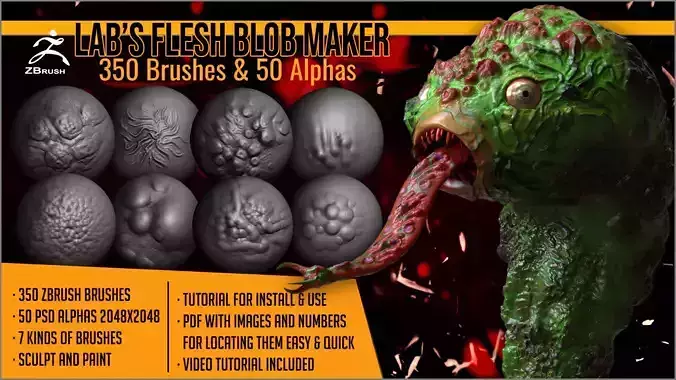 Labs Flesh Blob Maker 350 ZBrush Brushes and 50 Alphas