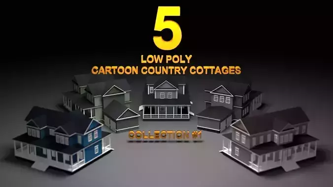 5 cartoon country cottages Low-poly 3D model
