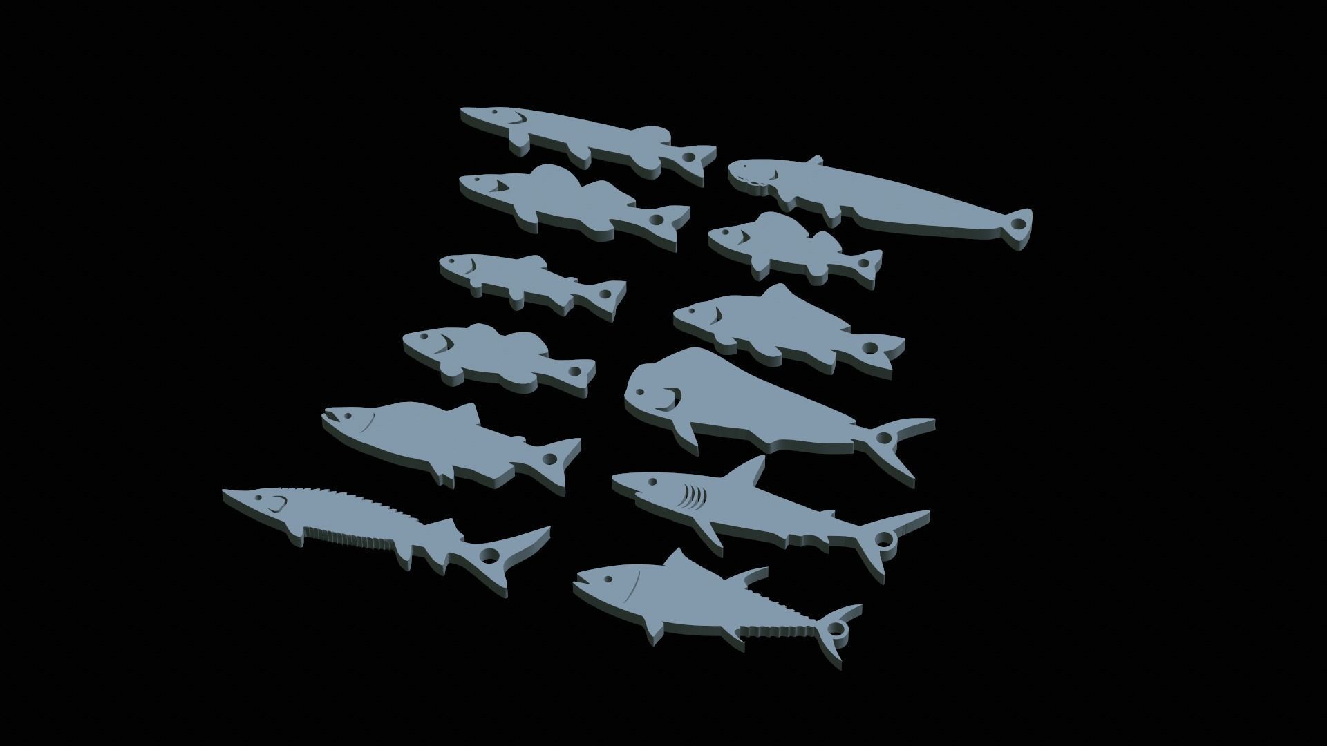 12x set of fish keychains pendants  3D print model_1