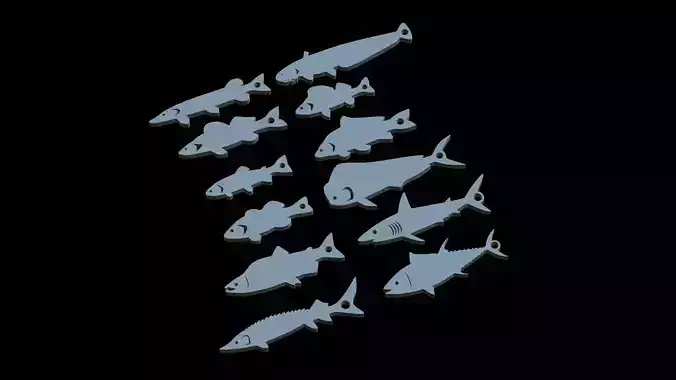 12x set of fish keychains pendants  3D print model