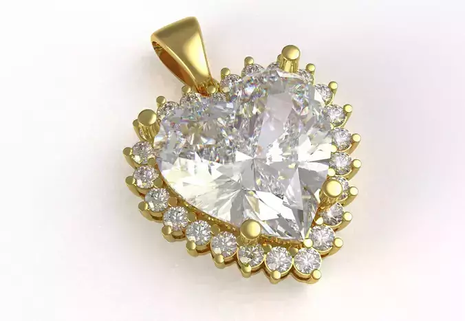 Big Heart Stone Round Diamond Halo Pendant