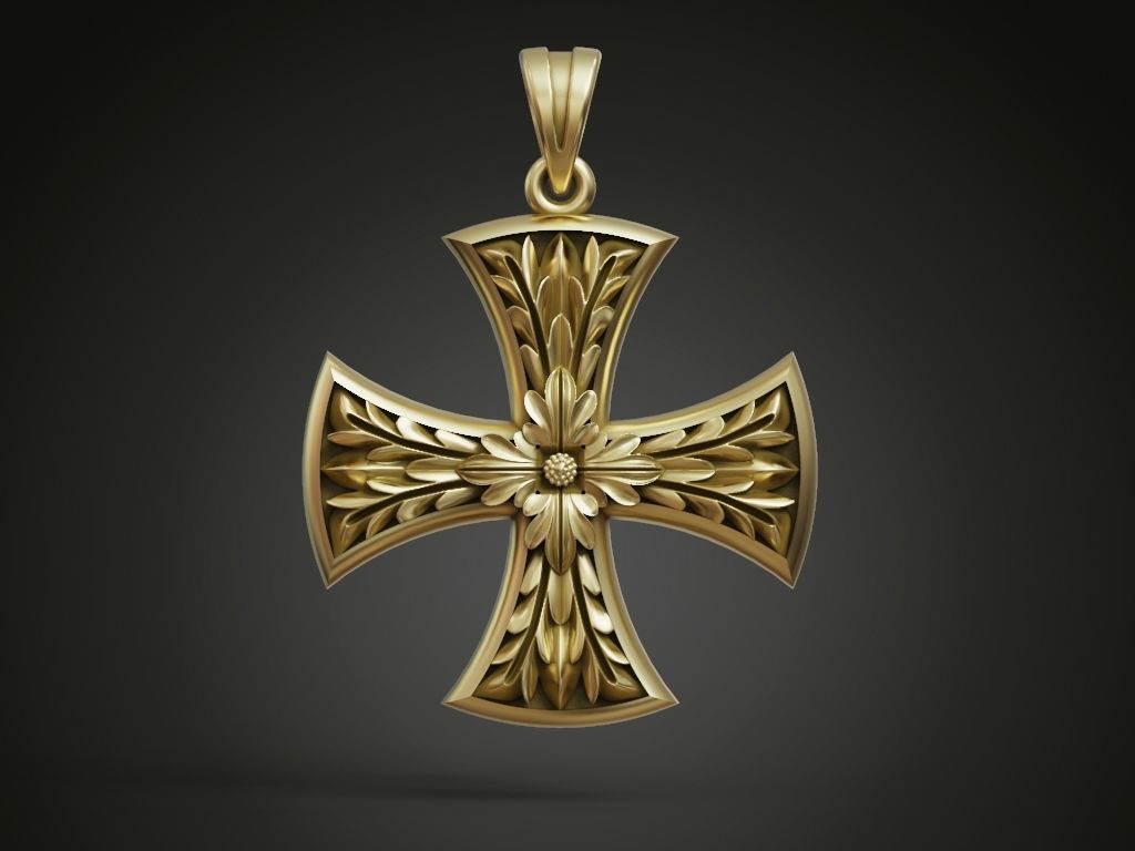 Cross Patee Templar Maltese floral pattern pendant 3D print model_3