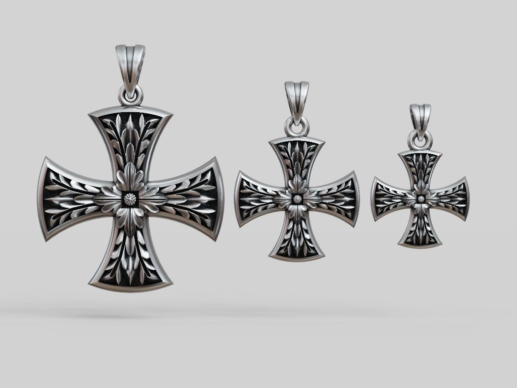 Cross Patee Templar Maltese floral pattern pendant 3D print model_5