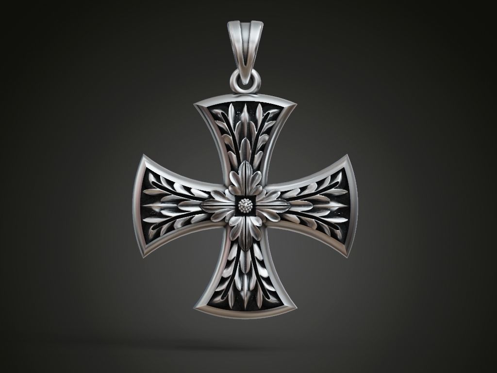 Cross Patee Templar Maltese floral pattern pendant 3D print model_2