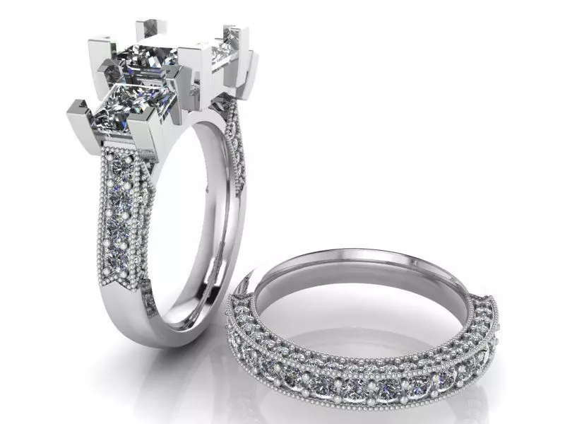 3 Stone Princess Diamond Ring With Band 2011 3D print model