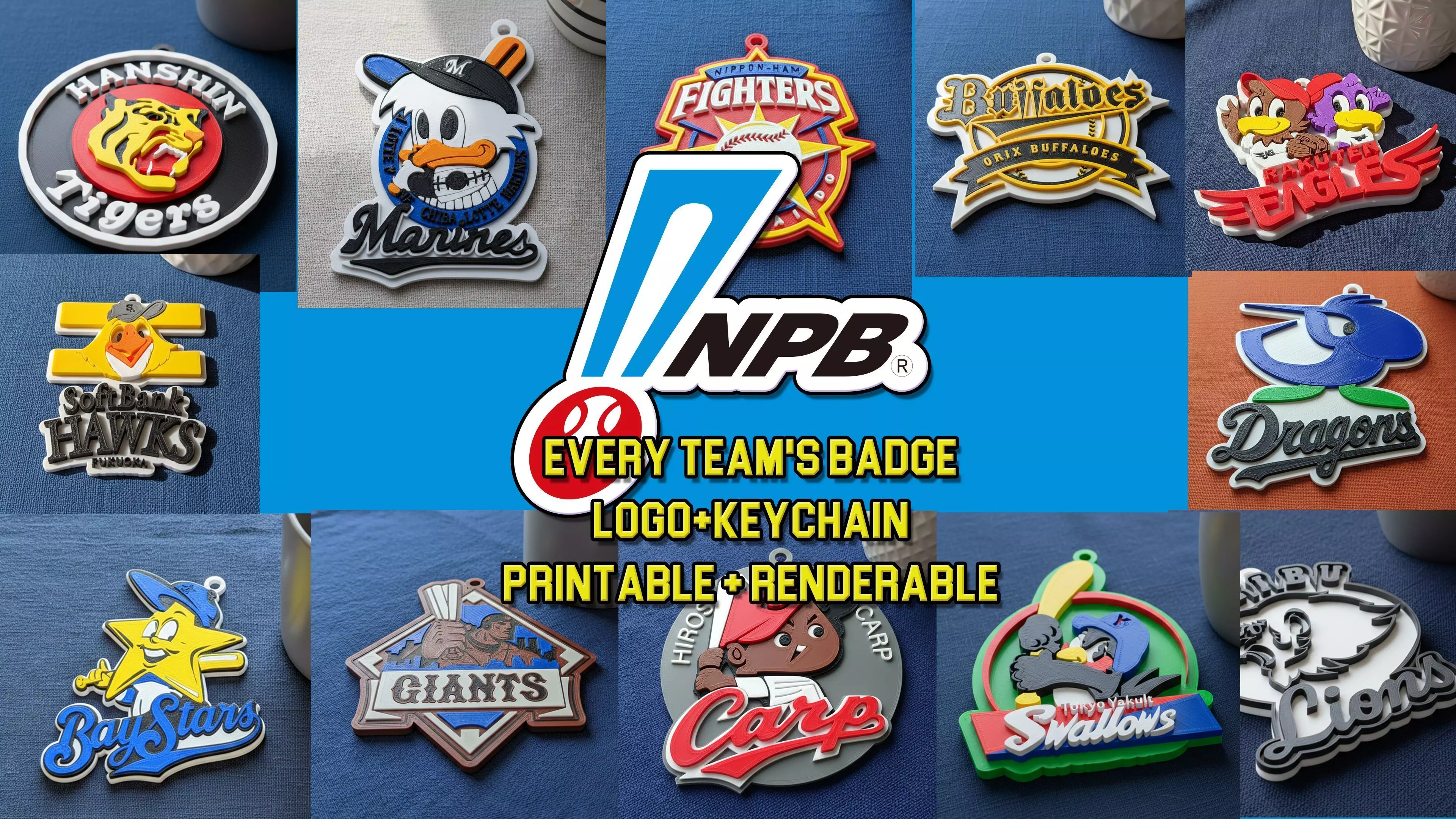 NPB every team badge keychain - Color printable and renderable 3D print model