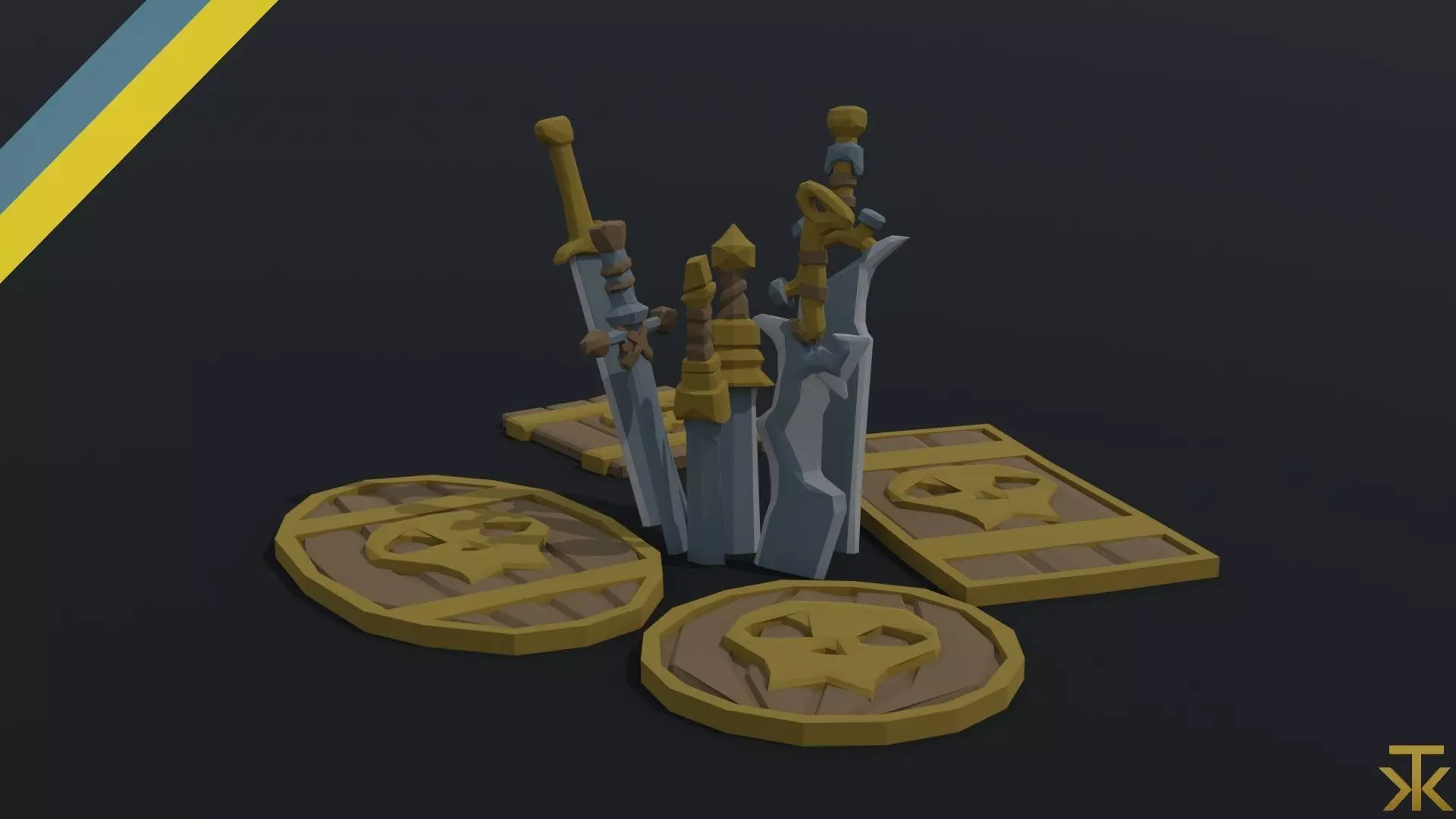 Cartoon swords and shileds Polygonal Style Low-poly 3D model_0