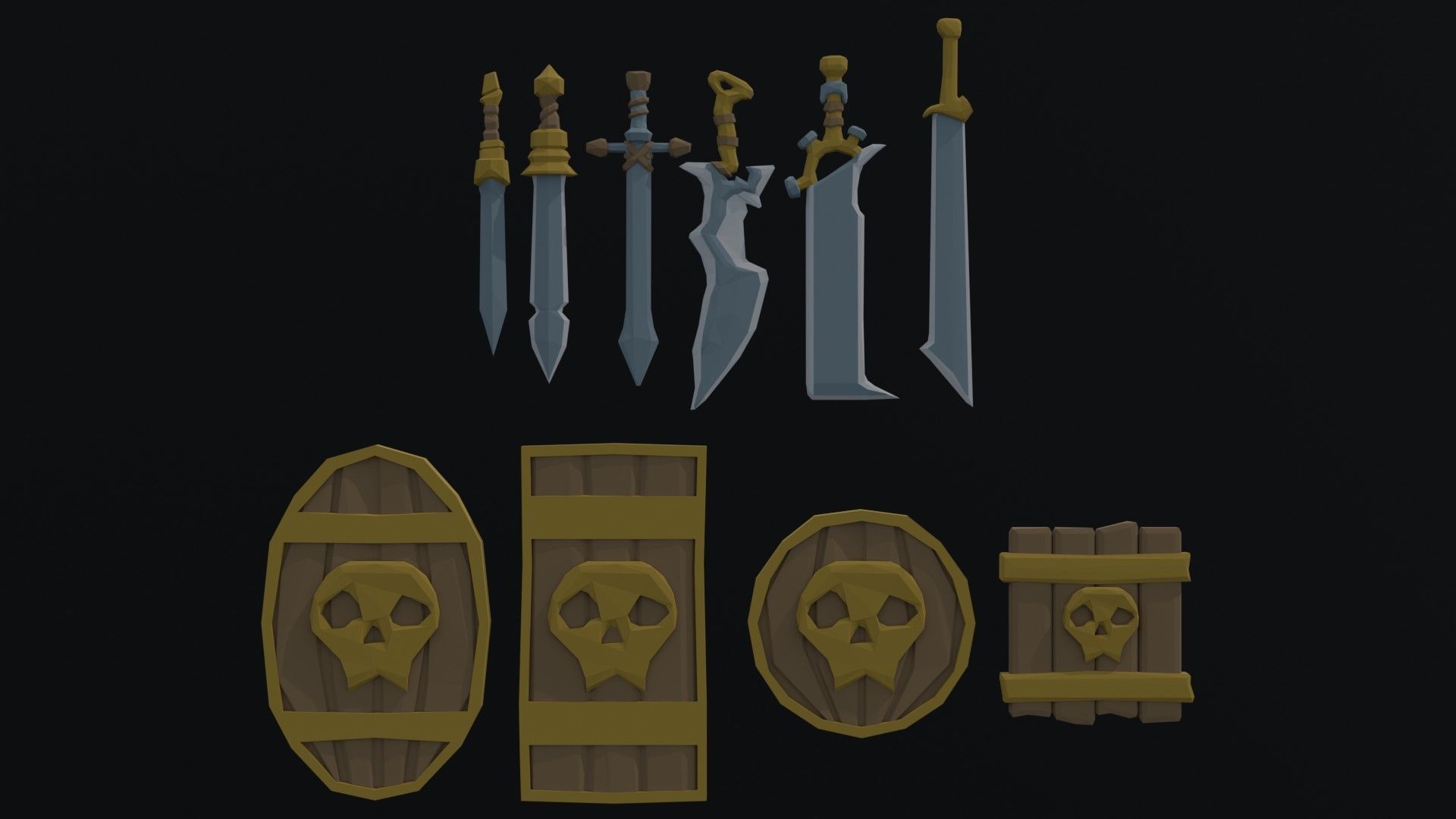 Cartoon swords and shileds Polygonal Style Low-poly 3D model_1