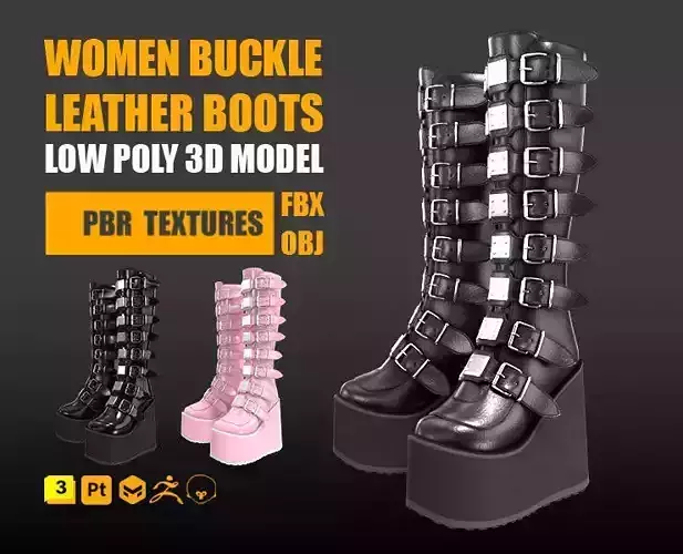 Women Buckle leather Boots Low-poly 3D model PBR Textures