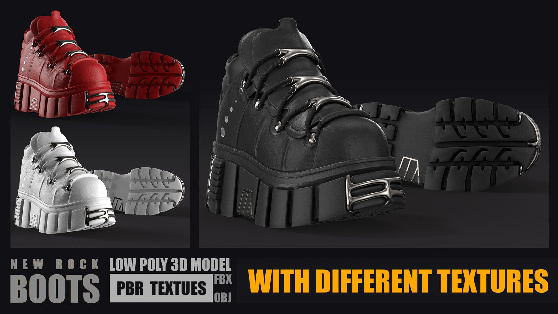 New Rock Leather Boots Low-poly 3D model PBR Textures Low-poly 3D model_2