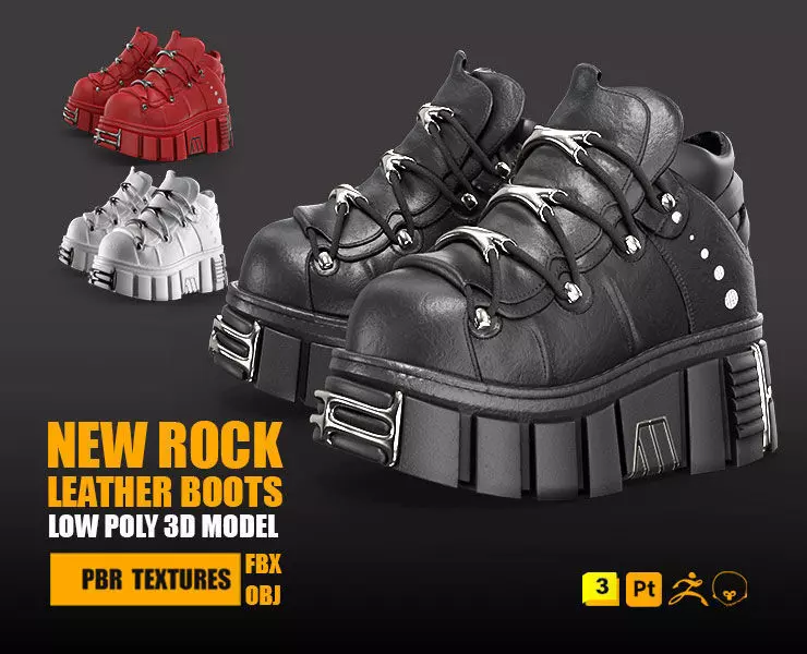 New Rock Leather Boots Low-poly 3D model PBR Textures Low-poly 3D model_0