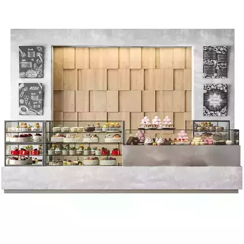Modern coffee shop with display case with desserts and sweets