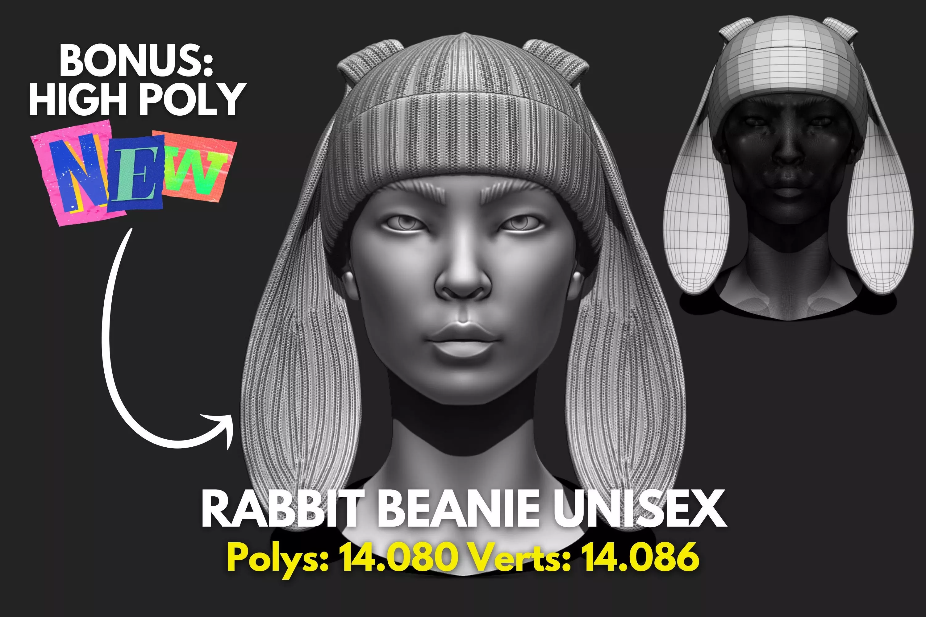 Rabbit Beanie Hat Cap - COMMERCIAL USE - WOLVES STUDIO Low-poly 3D model_0