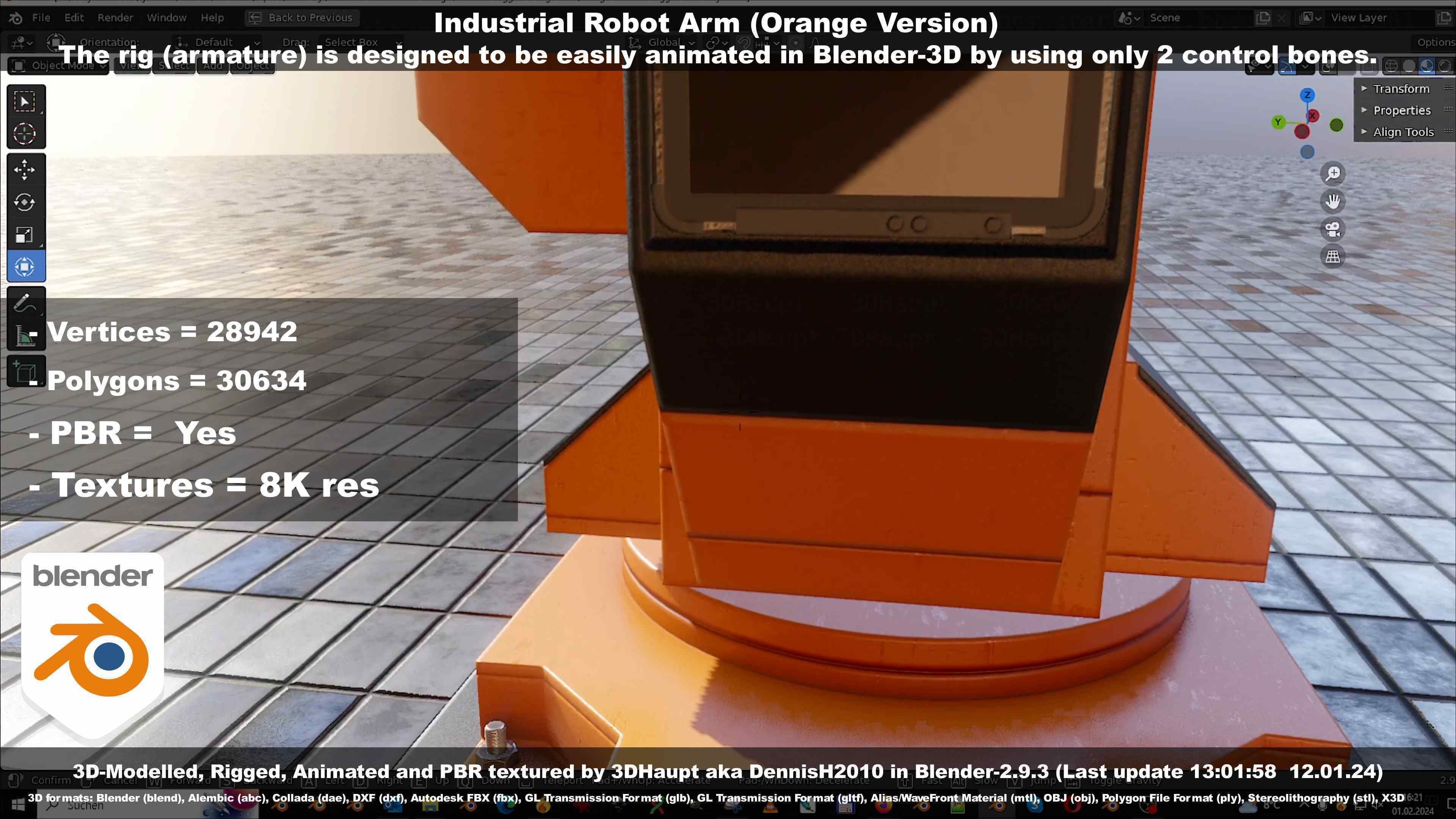 Rigged Industrial Robot Arm Orange Version Low-poly 3D model_125