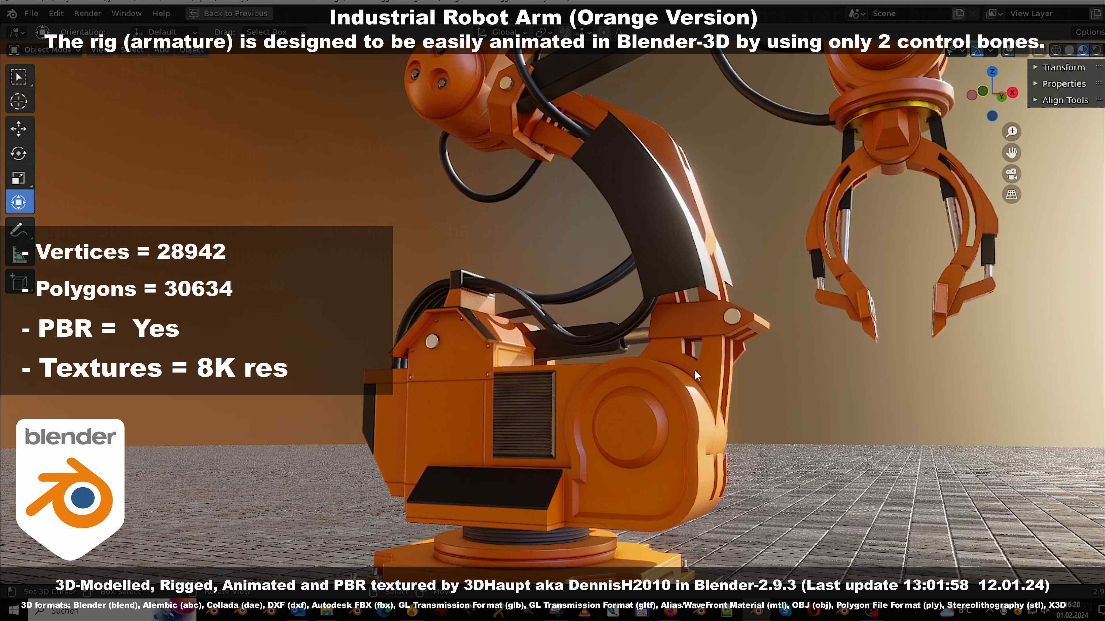 Rigged Industrial Robot Arm Orange Version Low-poly 3D model_135