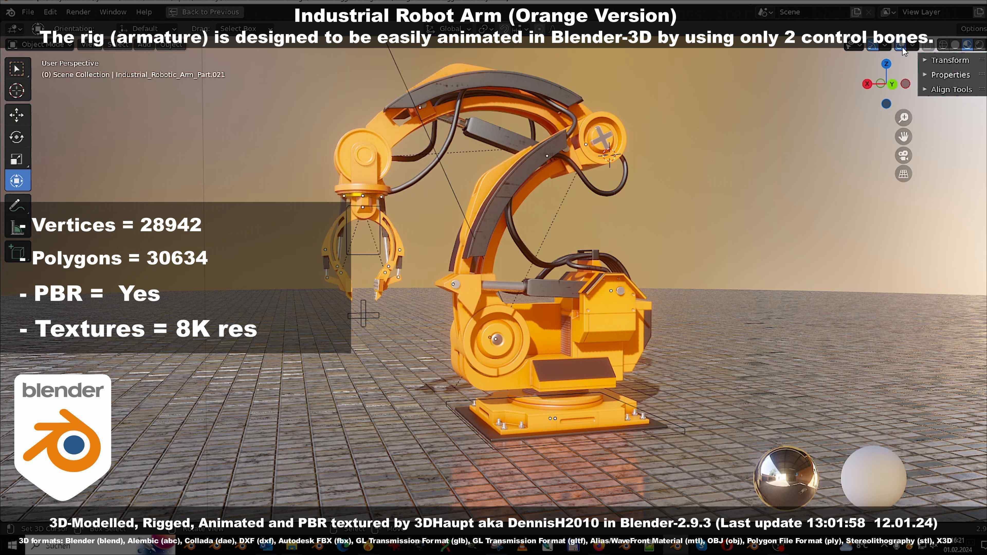 Rigged Industrial Robot Arm Orange Version Low-poly 3D model_82