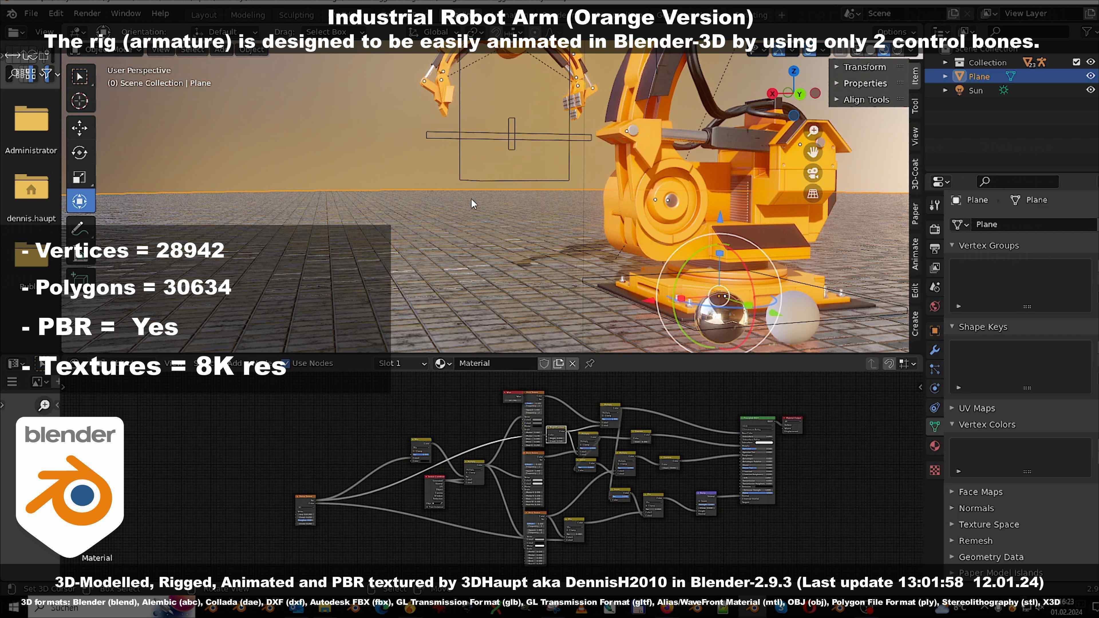 Rigged Industrial Robot Arm Orange Version Low-poly 3D model_117