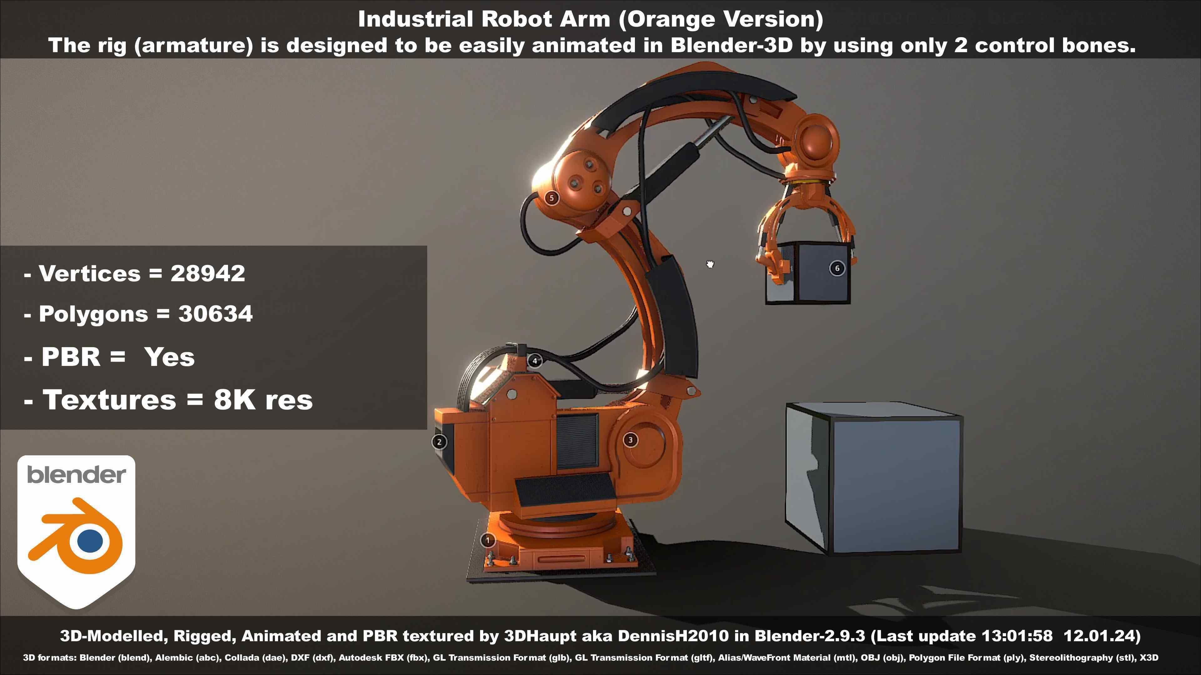 Rigged Industrial Robot Arm Orange Version Low-poly 3D model_131